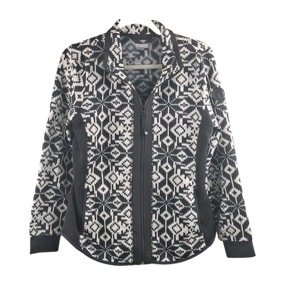 T by Talbots Geometric Print Full Zip Sweater Jacket Women's Size S White Black